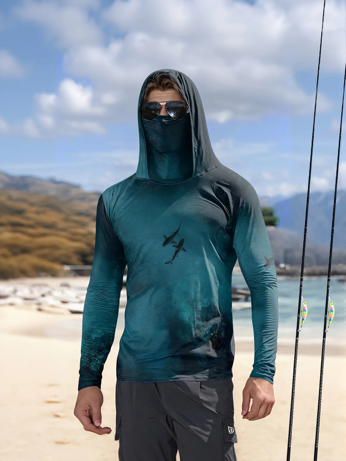 Fishing Mask Sun Protection - UPF50+ 남성용 낚시 후드티, 내장형 마스크